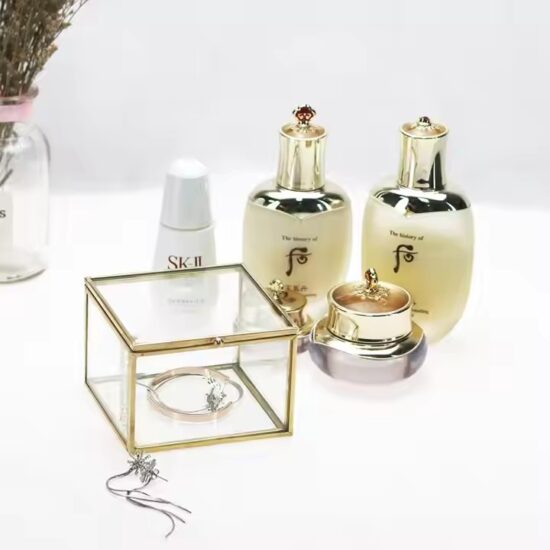 Transparent Glass Jewelry Storage Box with Velvet Lining and Gold Frame