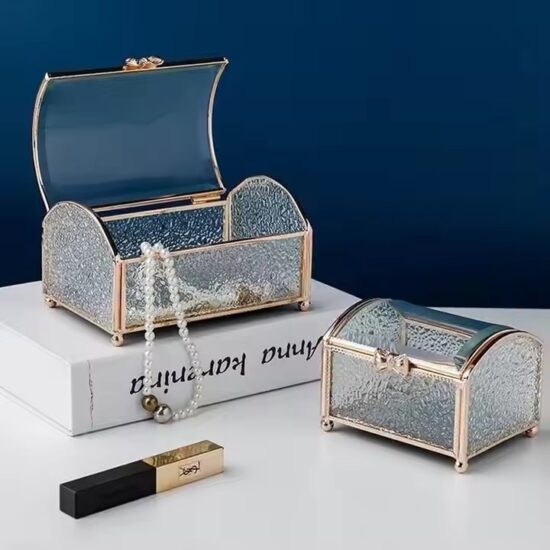 Elegant Glass Jewelry Organizer with Velvet Interior and Metal Frame
