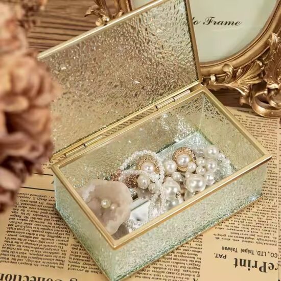 Elegant Glass Jewelry Organizer with Velvet Interior and Metal Frame