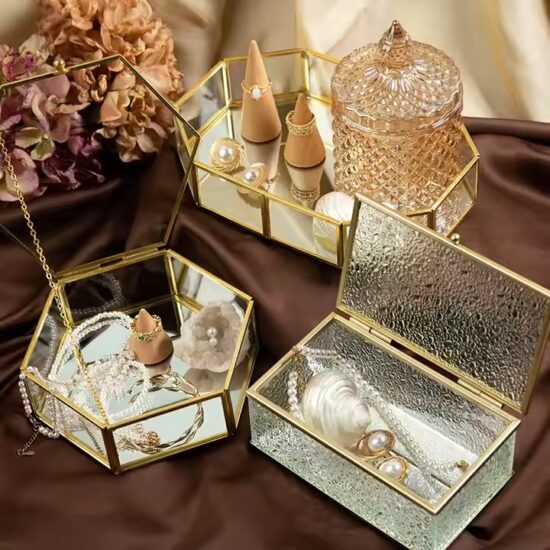 Elegant Glass Jewelry Organizer with Velvet Interior and Metal Frame