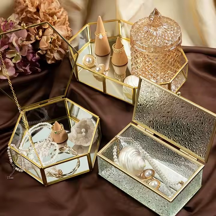 Elegant Glass Jewelry Organizer with Velvet Interior and Metal Frame