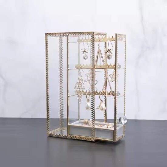 Elegant Glass Jewelry Organizer with Velvet Interior and Metal Frame