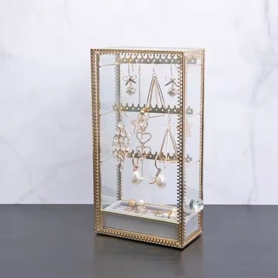 Elegant Glass Jewelry Organizer with Velvet Interior and Metal Frame
