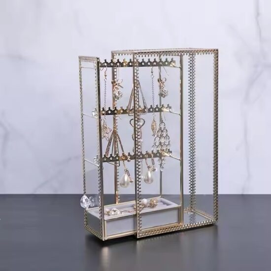Elegant Glass Jewelry Organizer with Velvet Interior and Metal Frame