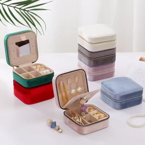 Custom logo zipper velvet jewelry box for elegant storage