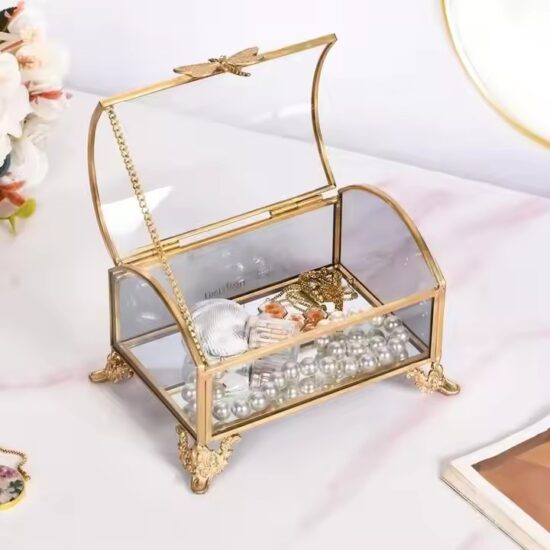 Geometric Decorative Glass Jewelry Box with Metal Frame and Velvet Lining
