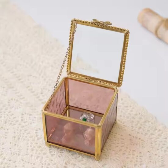 Geometric Decorative Glass Jewelry Box with Metal Frame and Velvet Lining