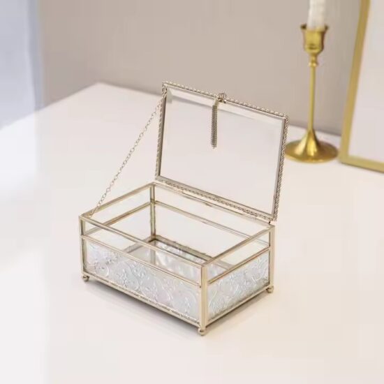 Geometric Decorative Glass Jewelry Box with Metal Frame and Velvet Lining
