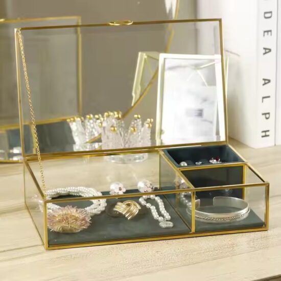 Geometric Decorative Glass Jewelry Box with Metal Frame and Velvet Lining