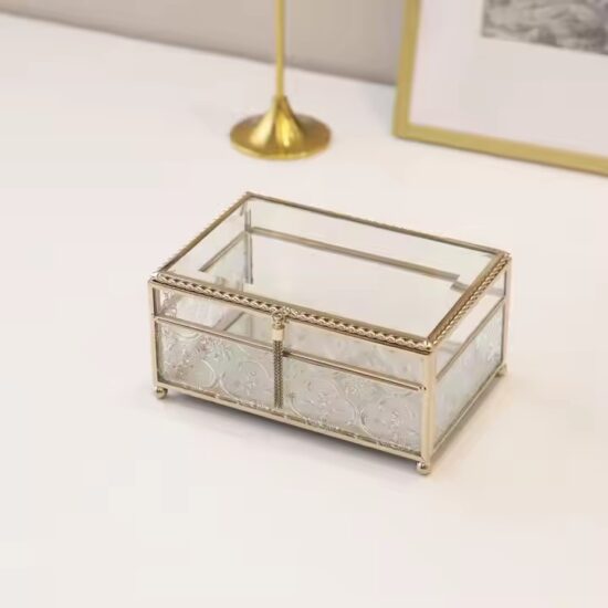 Geometric Decorative Glass Jewelry Box with Metal Frame and Velvet Lining