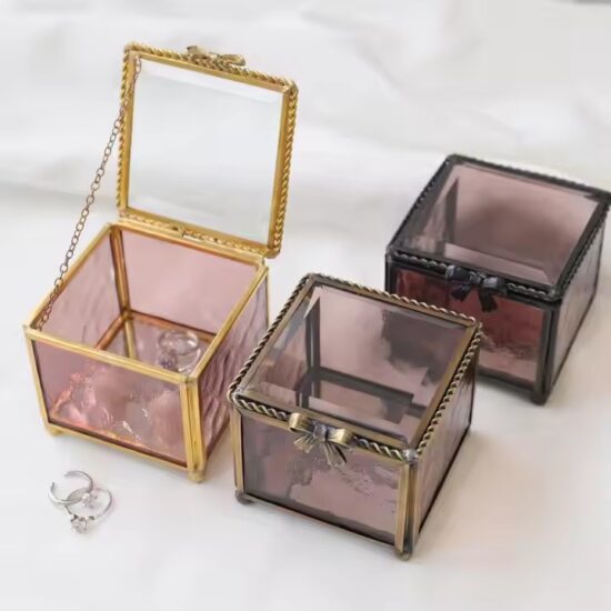 Geometric Decorative Glass Jewelry Box with Metal Frame and Velvet Lining