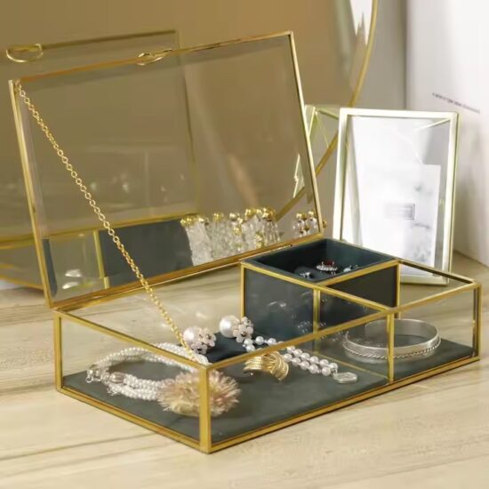Geometric Decorative Glass Jewelry Box with Metal Frame and Velvet Lining