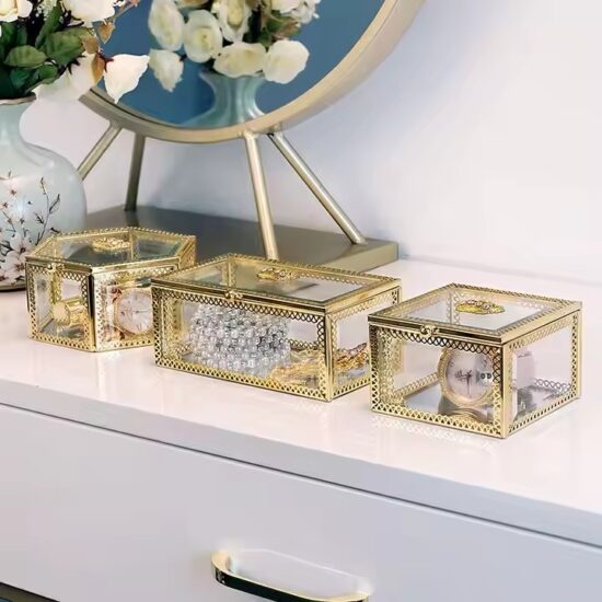 Elegant Custom Glass Jewelry Gift Box with Velvet Interior and Gold Frame