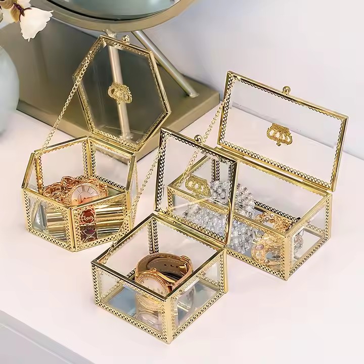 Elegant Custom Glass Jewelry Gift Box with Velvet Interior and Gold Frame