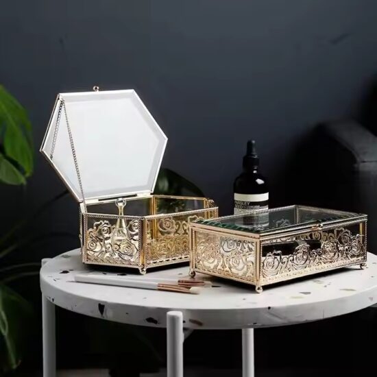 Modern Luxury Glass Jewelry Box with Velvet Interior and Gold Frame