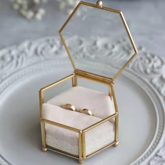 Modern Luxury Glass Jewelry Box with Velvet Interior and Gold Frame