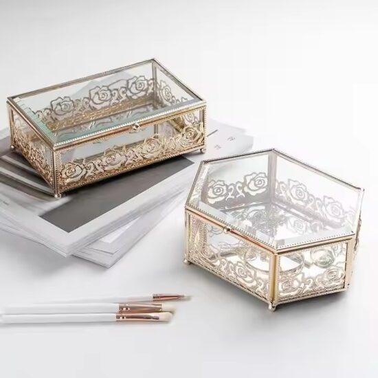 Modern Luxury Glass Jewelry Box with Velvet Interior and Gold Frame