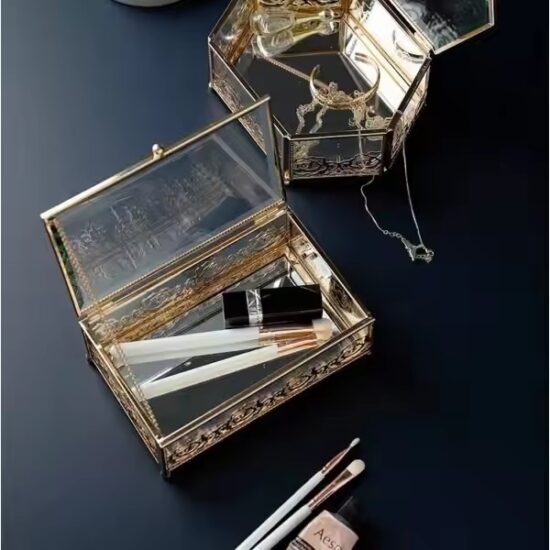 Modern Luxury Glass Jewelry Box with Velvet Interior and Gold Frame