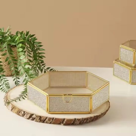 Modern Luxury Glass Jewelry Box with Velvet Interior and Gold Frame
