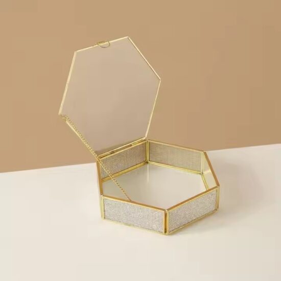 Modern Luxury Glass Jewelry Box with Velvet Interior and Gold Frame