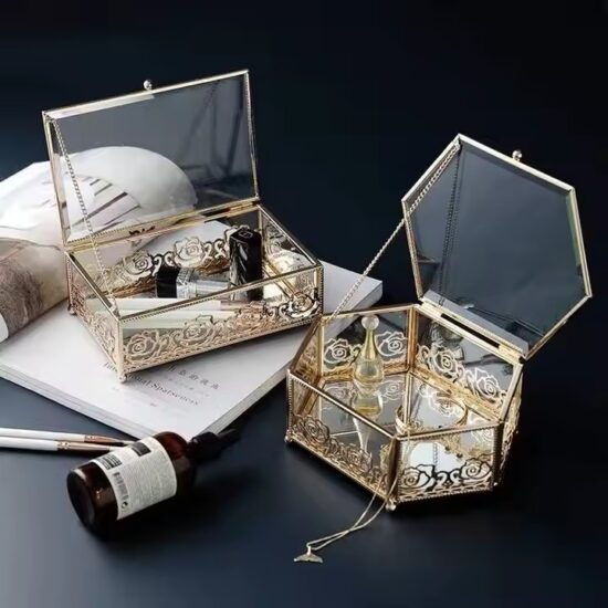 Modern Luxury Glass Jewelry Box with Velvet Interior and Gold Frame
