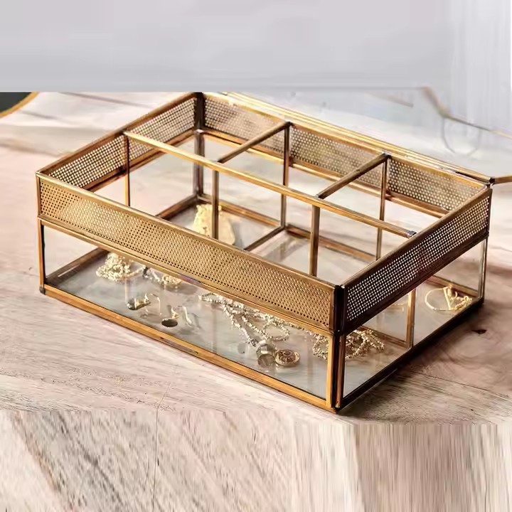Modern Glass Jewelry Box with Velvet Compartments and Metal Frame