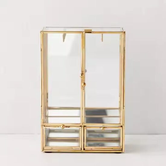 Modern Glass Jewelry Box with Velvet Compartments and Metal Frame