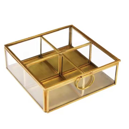 Modern Glass Jewelry Box with Velvet Compartments and Metal Frame
