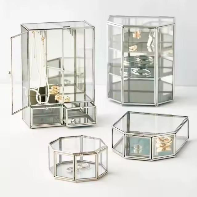 Modern Transparent Metal Jewelry Box for Rings, Earrings, Necklaces